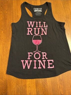 Chin Up Apparel Black Tank with Pink "Will Run For Wine" Graphic